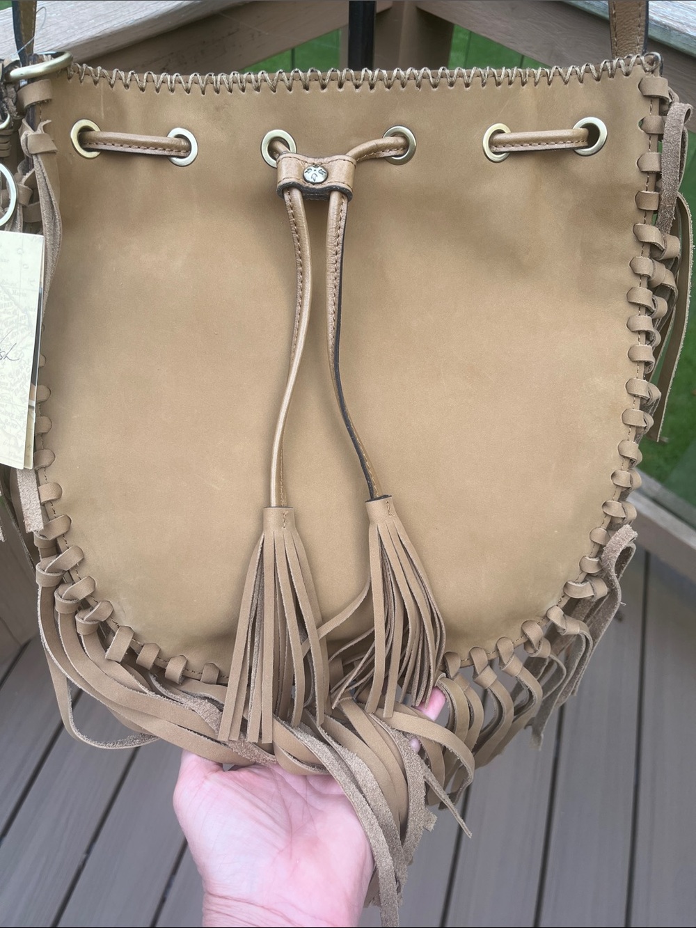 Patricia Nash Fringed Drawstring Shoulder / Crossbody Bag in Tan - Picture 2 of 16
